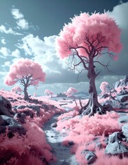 Pink landscape with trees