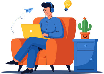 Cartoon Man with Laptop Headphones Paper Plane Light Bulb and Cactus.