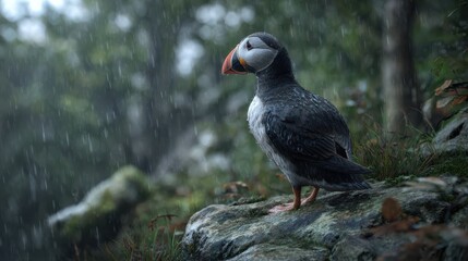 puffin perched on rock in rainy forest
