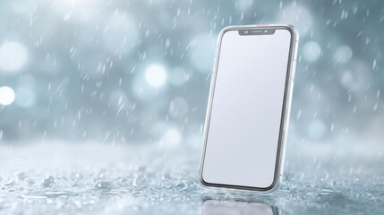 Modern smartphone stands upright on wet surface with water droplets falling around showing waterproof feature in rainy environment