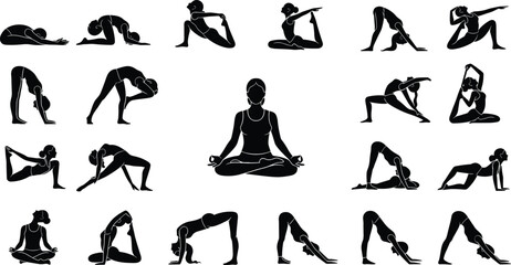Black Silhouettes of Yoga Poses with Central Meditation Figure for Wellness, Fitness, Balance, Flexibility, Mindfulness, Spirituality, and Healthy Lifestyle Concepts