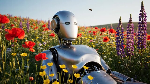 Futuristic Robot Relaxing in Wildflower Meadow - A sleek, silver robot rests peacefully amidst a vibrant field of wildflowers, including poppies and lupines.