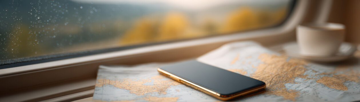 Modern smartphone with waterproof design resting on map near window with blurred background and cup