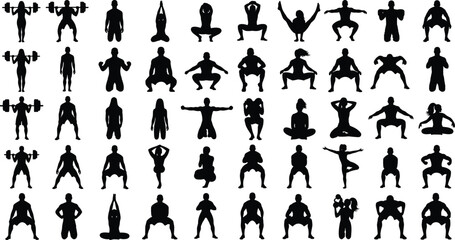 Black Silhouettes of People Doing Fitness Exercises and Yoga Poses Collection for Health, Workout, Gym, Training, Wellness, and Meditation Concepts