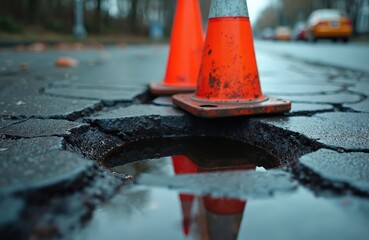 Orange traffic cones mark hazardous pothole on wet asphalt road, with autumn leaves scattered around. Cracked pavement deep holes filled with water, reflecting cones, overcast sky. Road maintenance