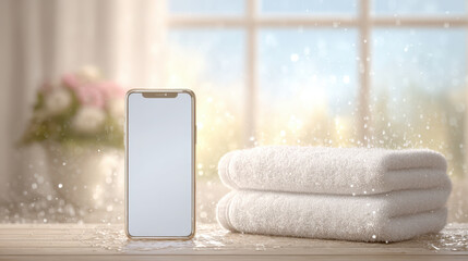 Modern smartphone with waterproof feature standing on wooden surface near soft white towel stack in bright cozy room with sunlight