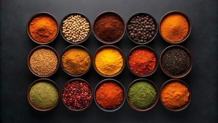 Vibrant exotic spices arranged in bowls for culinary inspiration and flavor exploration