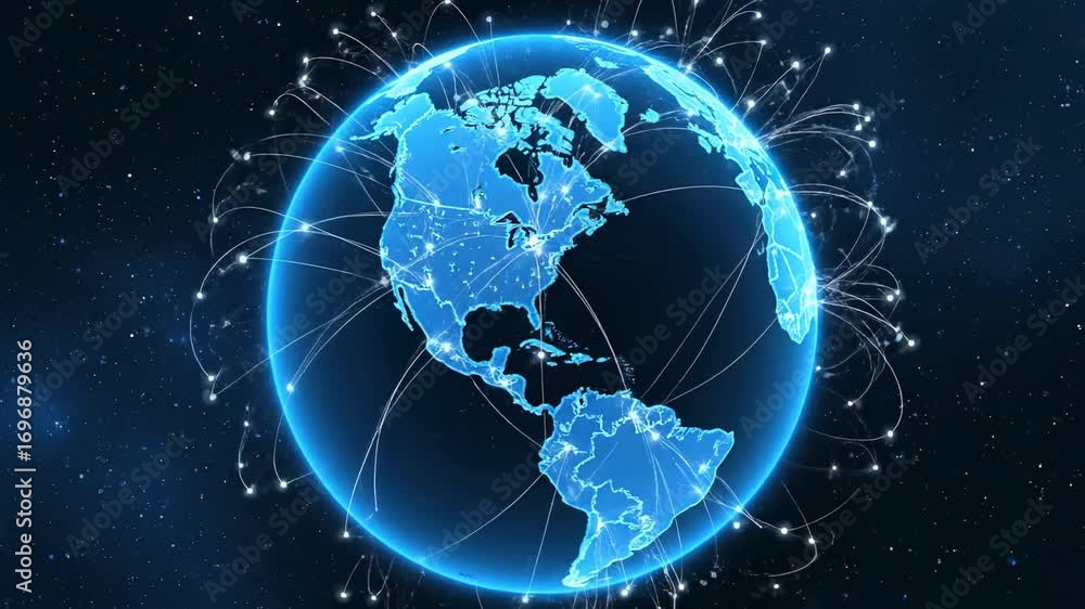 Poster global network connections - a stylized video of the earth with glowing lines illustrating global ne