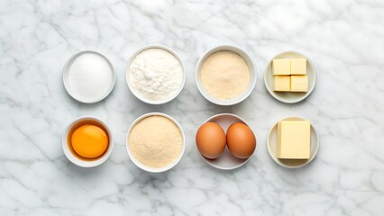Top view of baking ingredients including eggs butter flour and sugar arranged on a marble surface