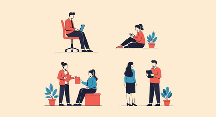 Diverse professionals in various work scenarios flat vector illustration.