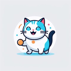 A cheerful cartoon cat exercising while holding a ball of yarn