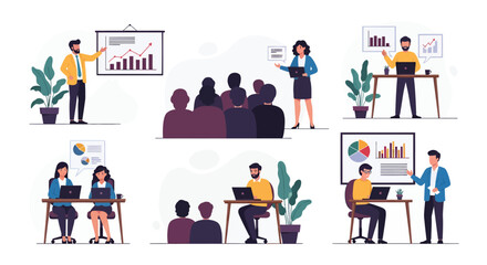 Diverse professionals in various business settings presenting data and collaborating.