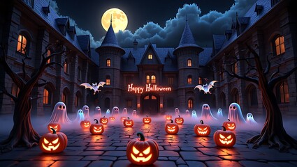 Spooky halloween night scene with jack-o'-lanterns ghosts bats and full moon creating a festive and eerie atmosphere for celebrations