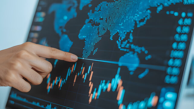 Global Investment Analysis: A close-up of a hand pointing at a digital display revealing an intricately detailed world map, interwoven with dynamic financial charts.