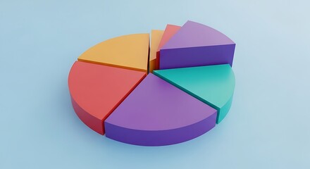 Obraz premium Colorful pie chart divided into segments on a light blue background