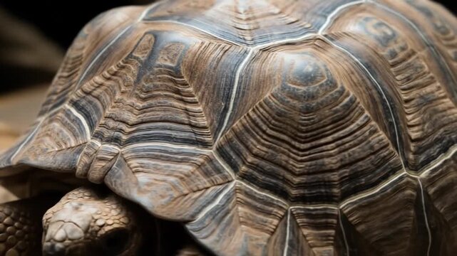 Closeup view of a turtles carapace showcasing the intricate patterns and textures of its shell with the head and legs slightly visible