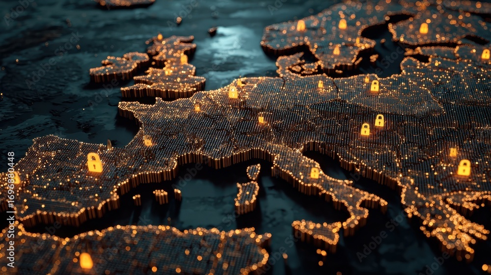 Poster a digital map of europe showcasing data security with glowing lock icons symbolizing cybersecurity a