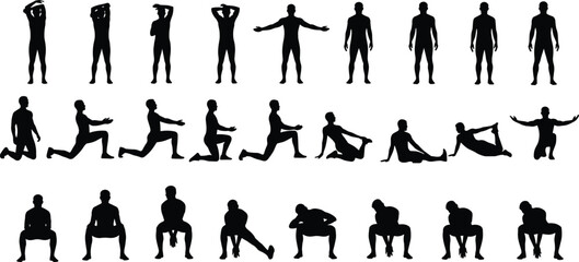 Black silhouette human figures in various standing, sitting, kneeling, squatting, stretching, and dynamic movement poses, body posture vector illustration set