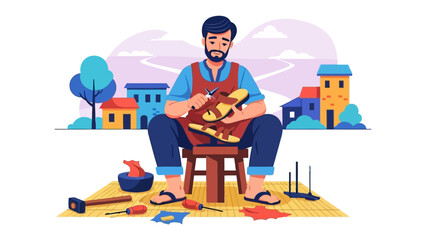 Shoemaker Crafting Leather Footwear: An artisan cobbler meticulously crafts leather footwear in a well-lit workshop, showcasing the dedication and detail of traditional craft.