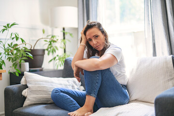 young woman with feeling sad and stressed, sick and headache