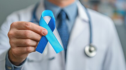 closeup photo of doctor holding blue prostate cancer awareness ribbon healthcare professional with stethoscope and blue ribbon medical advocacy for cancer prevention doctor supporting mens health
