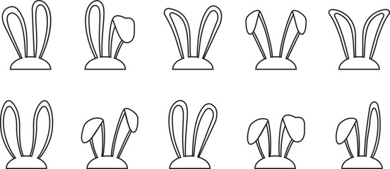 Easter bunny ear outline icon set. Black silhouette vector illustration isolated on transparent background, elements for easter decoration, cutting or printing. Rabbit ears kid headband designs.