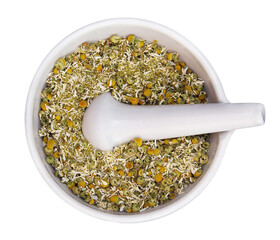 Chamomile Herbs in White Mortar Bowl