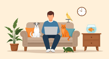 Obraz na płótnie Canvas Man with Laptop Dog Cat Bird Turtle and Goldfish in a Cozy Home Setting.