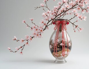 A large, vibrant arrangement of white orchids with pink accents is suspended in a glossy white vase.