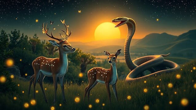 A deer family stands in a field at sunset, facing a cobra rising up, with the sun setting in the background