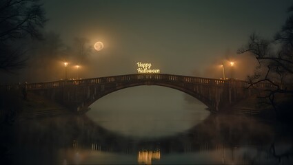 Enchanting bridge illuminated by warm lanterns over reflective water at dusk serene nighttime ambiance