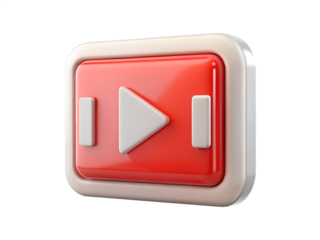 A 3d render of a red play button icon with white accents isolated on transparent background