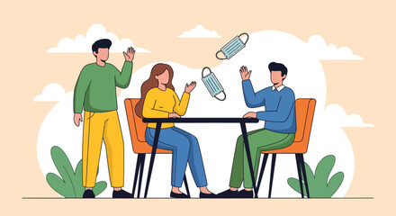 Three People Waving Goodbye with Face Masks Floating Above the Table.