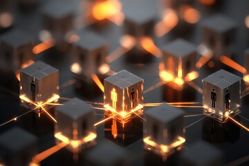 Customers concern support system concept. Abstract digital circuitry with glowing elements interconnected by lines of light.
