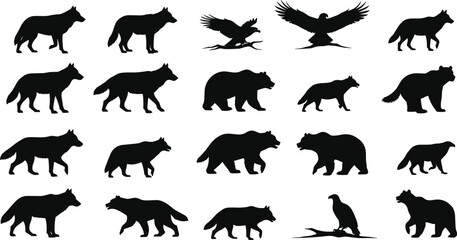Silhouettes of wolves, bears, and eagles in various poses, wildlife animals, forest predators, nature silhouettes, wild animal icons, nature symbols.
