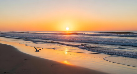 A beach scene with a seagull flying over the wet sand during a bright orange and yellow sunset ai generated