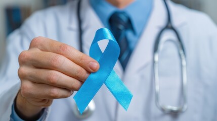 closeup photo of doctor holding blue prostate cancer awareness ribbon healthcare professional with stethoscope and blue ribbon medical advocacy for cancer prevention doctor supporting mens health