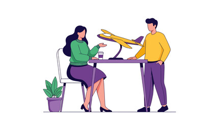 Two People Discussing a Yellow Airplane Model on a Purple Table.