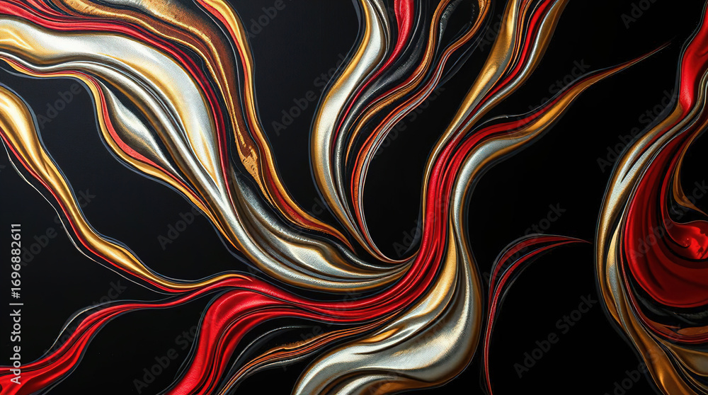 Poster an abstract composition of polished elements arranged in a dynamic pattern. glass or liquid metal, b