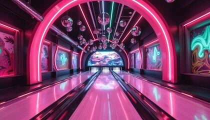Futuristic bowling alley with vibrant neon lights, striking mural art. Modern entertainment space features glowing tunnel, disco balls, colorful abstract designs. Perfect for social gatherings, night