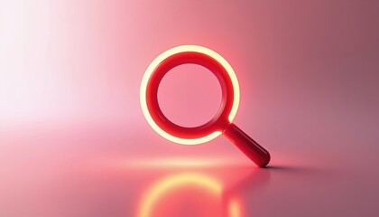 Bright red glowing magnifying glass icon on polished surface. Concept of search, focus, analysis and innovation. Technology, digital design. Modern graphic art for advertising.