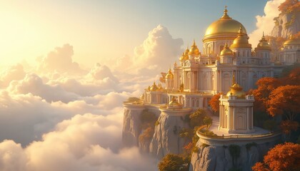 Majestic golden city architecture atop clouds, featuring domes, towers, golden trees. Futuristic utopia landscape with bridges, gardens, scenic horizon. Serene day, golden hour light creates