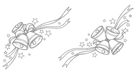 A festive collection of celebration bells with ribbons and stars, a black and white line art vector illustration suitable for coloring pages