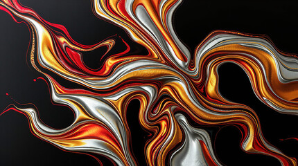 An abstract composition of polished elements arranged in a dynamic pattern. Glass or liquid metal, bright silver-gold and red colors, smoothly flowing into each other.
