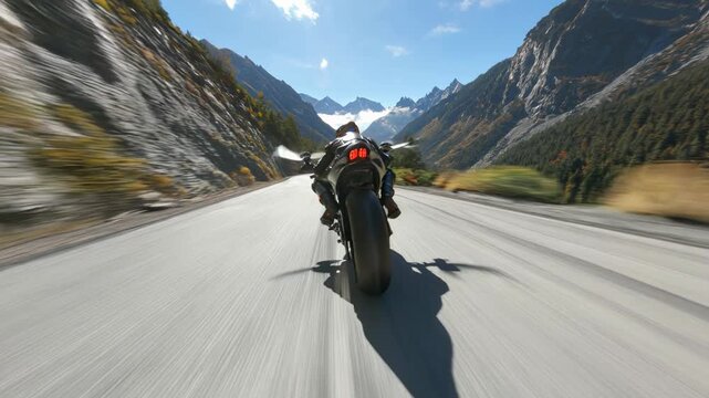 FPV drone view of superbike racing at extreme speed on twisting mountain road, sparks flying on curves, cliffside danger, cinematic aerial chase.