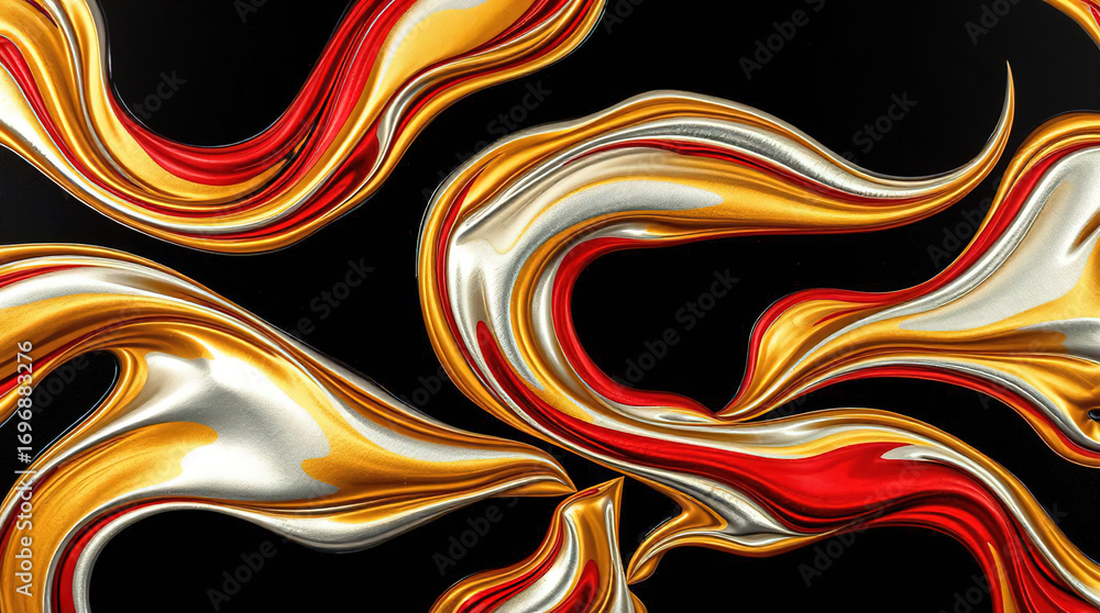 Poster an abstract composition of polished elements arranged in a dynamic pattern. glass or liquid metal, b