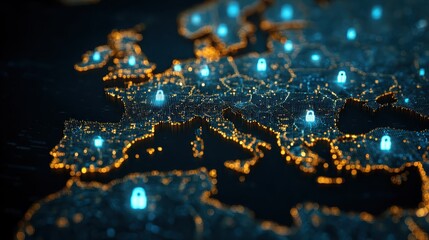 a digital map of europe showcasing data security with glowing lock icons symbolizing cybersecurity and network protection