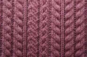 Close-up of pink knitted fabric featuring prominent cable knit Aran patterns. Wool material displays textured, three-dimensional structure ideal for winter apparel like jumpers, sweaters, warm