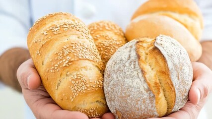 Freshly baked bread assortment held by a baker in a bright kitchen during the morning hours - Powered by Adobe
