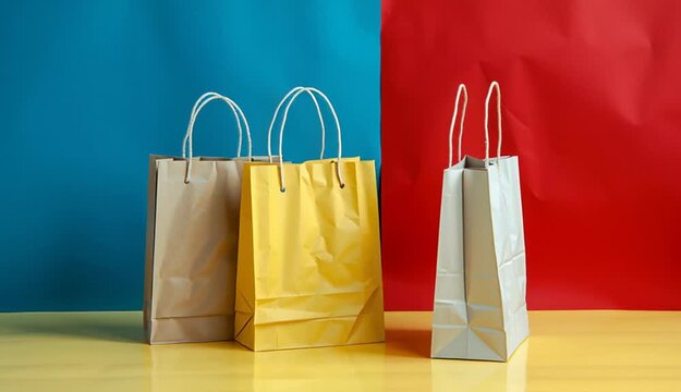 Mockup of paper shopping bags on table against color background